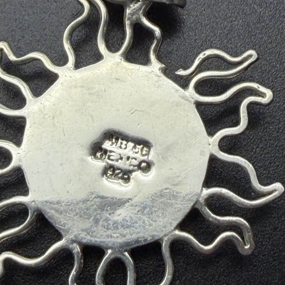 Sterling Silver Mexico Sun Ray Moon Face Eclipse Celestial Pendant Fire Opal 925 - Picture 4 of 6